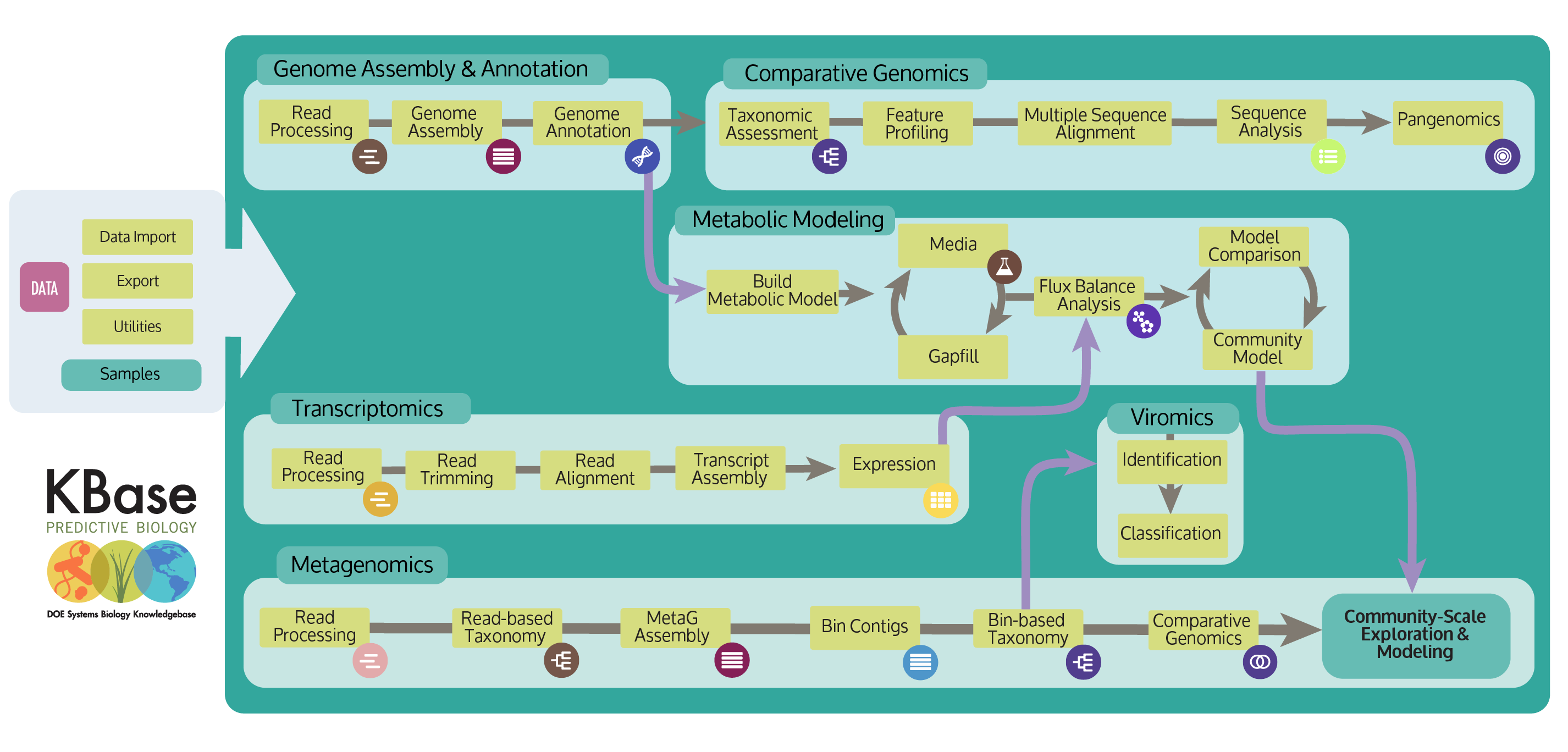 Flow diagram of app pathways in KBase. Users begin by importing their 'omics data and processing it with various apps for genome assembly, annotation, feature analysis, and more.