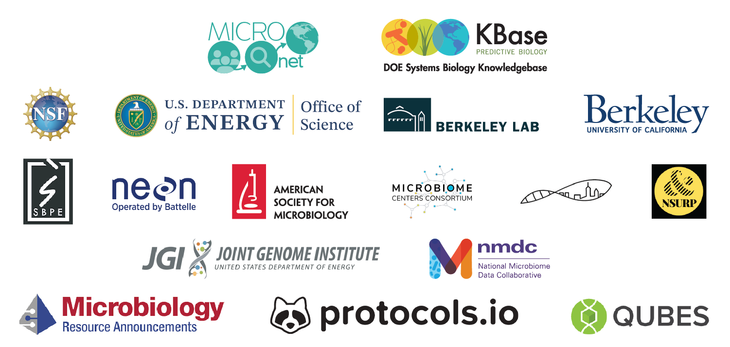 Funding sources, institutions, and collaborators for MICROnet, including KBase, NSF, DOE Office of Science, Berkeley Lab, UC Berkeley, Sara Bolduc Evaluation and Planning, LLC, National Ecological Observatory Network, American Society for Microbiology, Microbiome Centers Consortium, Microbiomes for All, National Summer Undergraduate Research Project, Joint Genome Institute, National Microbiome Data Collaborative, ASM Microbiology Resource Announcements, protocols.io, QUBES hub.